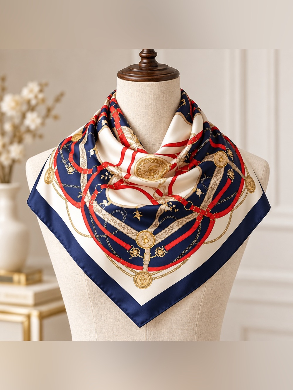 Navy Red Gold Chain Print Square Scarf 27.5” x 27.5”